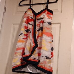 100 %BCBGMaxAzria Multicolor Abstract Spaghetti-Strap Dress with Black Trim